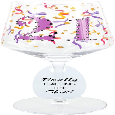 21 Finally Calling The Shots! - 17 Oz Stemmed Birthday Wine Glass With Bejeweled Number & Confetti Pattern With Gift Box