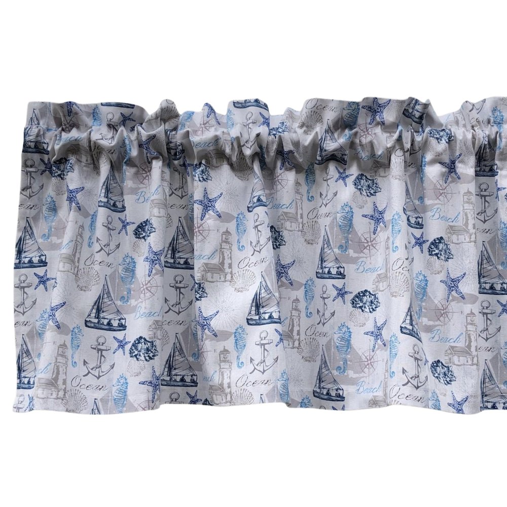 Nautical Beach House Vacation Home Lighthouse Sailboat Seashells Seahorse Starfish Ocean Decor White Window Curtain Valance