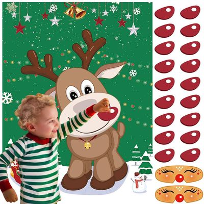 FINGOOO Pin The Nose on The Reindeer,Large Christmas Reindeer Poster Games for Kids Christmas Party Games
