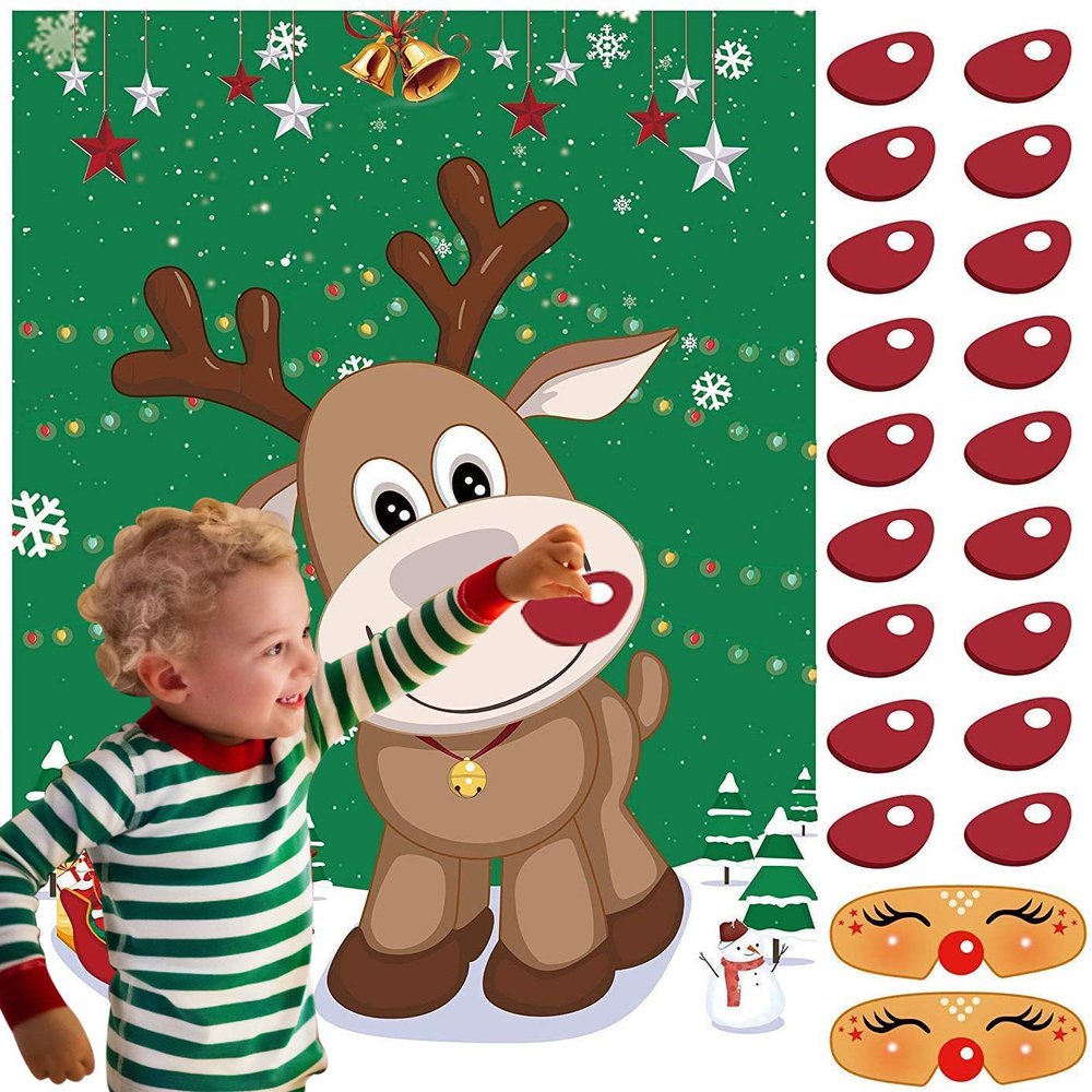FINGOOO Pin The Nose on The Reindeer,Large Christmas Reindeer Poster Games for Kids Christmas Party Games