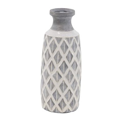 16-inch Traditional Ceramic Cylindrical Crisscross Vase Grey Mid-Century Modern Scandinavian Stoneware