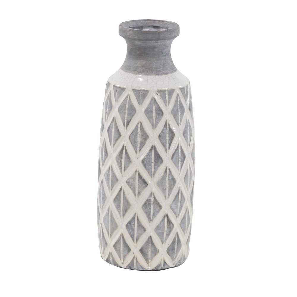16-inch Traditional Ceramic Cylindrical Crisscross Vase Grey Mid-Century Modern Scandinavian Stoneware
