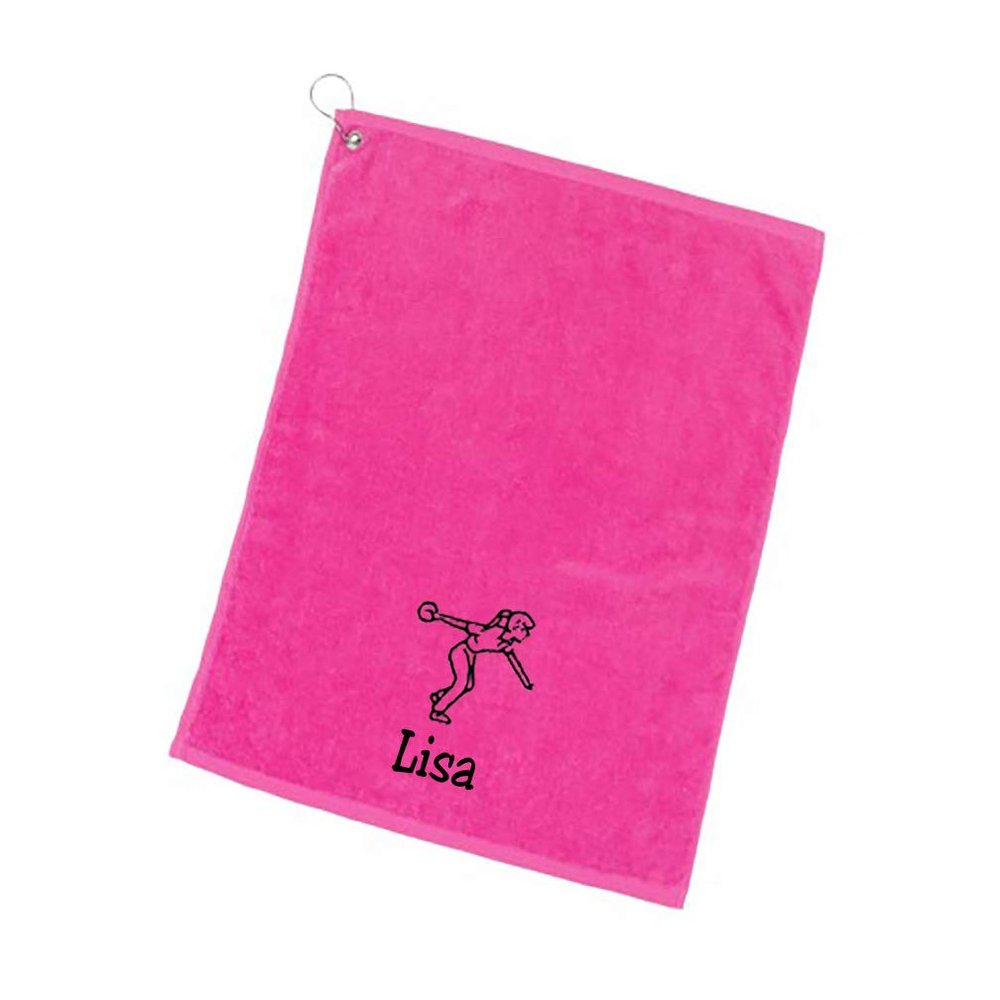 101 BEACH Women's Personalized Cotton Bowling Towel with Embroidered Name with Clip (Pink- Embroidered Name - Woman)