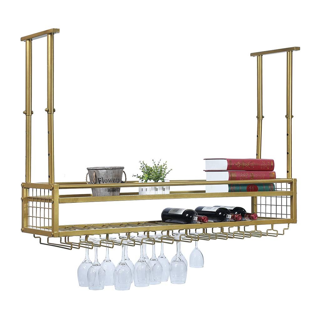 OLDRAINBOW Hanging Wine Glass Rack Ceiling for Bar Restaurants,47.2in Adjustable Metal Wine Glass Holder,Industrial Iron Wine Shelf Wall Mounted(Gold)