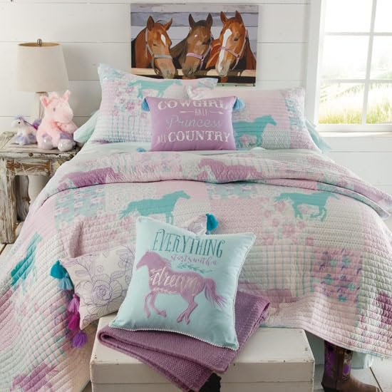 Cowgirl Princess Pony Patchwork (Bed in Bag) - 8 Piece Bedding Set - Full Quilt (86x86in) - 2 Standard Shams - 1 Bedskirt - 1 Flat Sheet - 1 Fitted Sheet - 2 Pillow Cases - Purple Turquoise Pink