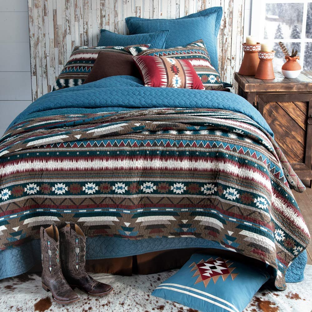 C&F Home Wyatt Southwestern Stripe and Graphic Shape Reversible Blue Quilt.in Maroon, Blue, and Brown Colors. Bedding Set FQ