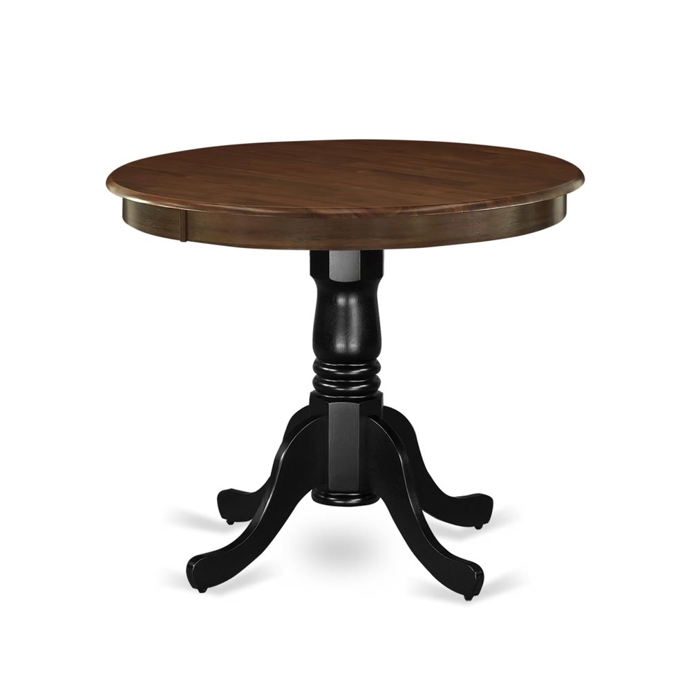 East West Furniture AMT-WBK-TP Antique Dining Table - a Round Wooden Table Top with Pedestal Base, 36x36 Inch, Walnut & Black