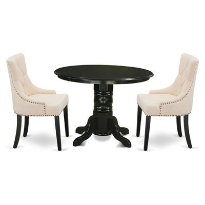 East West Furniture SHFR3-BLK-02 3 Piece Modern Dining Table Set Contains a Round Kitchen Table with Pedestal and 2 Light Beige Linen Fabric Parson Dining Chairs, 42x42 Inch, Black