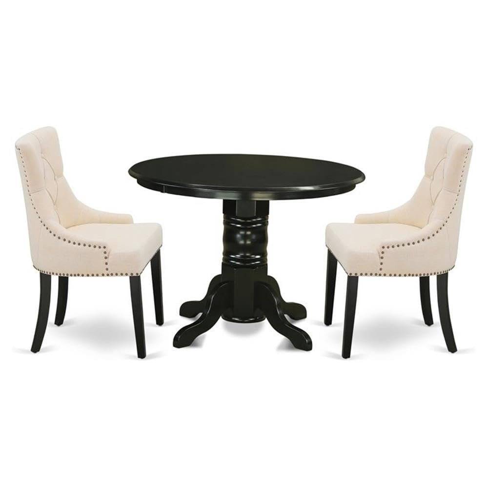 East West Furniture SHFR3-BLK-02 3 Piece Modern Dining Table Set Contains a Round Kitchen Table with Pedestal and 2 Light Beige Linen Fabric Parson Dining Chairs, 42x42 Inch, Black