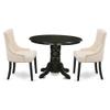East West Furniture SHFR3-BLK-02 3 Piece Modern Dining Table Set Contains a Round Kitchen Table with Pedestal and 2 Light Beige Linen Fabric Parson Dining Chairs, 42x42 Inch, Black view 1