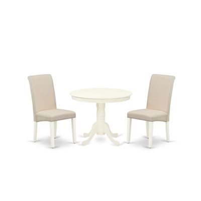 East West Furniture ANBA3-LWH-01 3 Piece Dinette Set for Small Spaces Contains a Round Kitchen Table with Pedestal and 2 Cream Linen Fabric Parson Dining Chairs, 36x36 Inch, Linen White