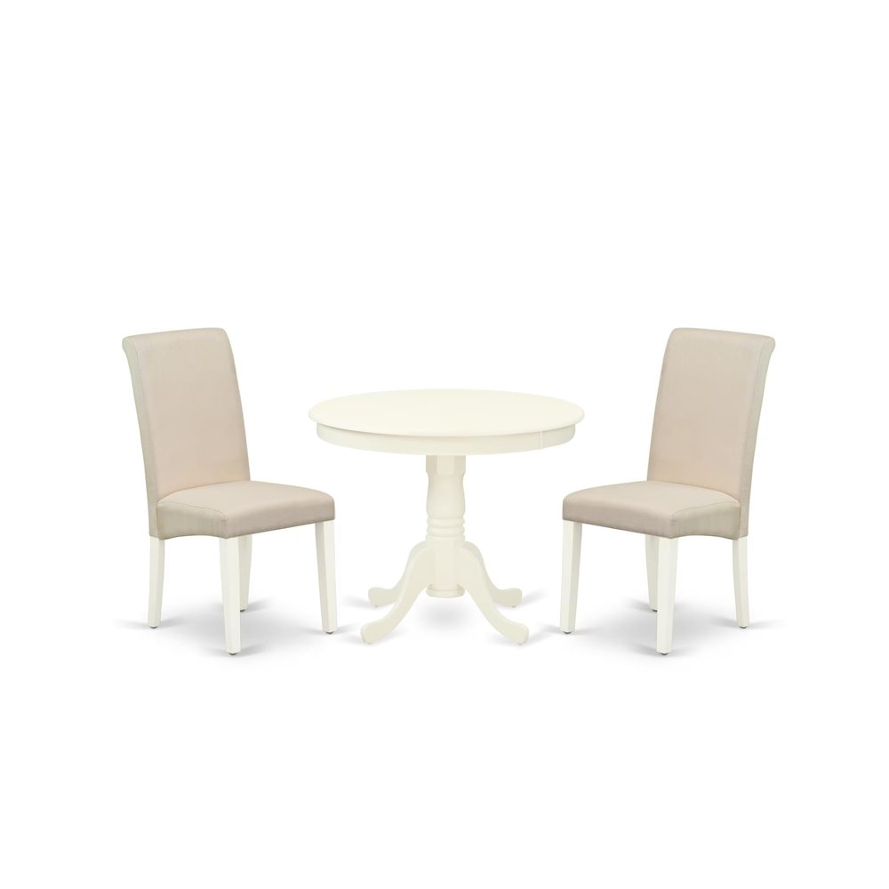 East West Furniture ANBA3-LWH-01 3 Piece Dinette Set for Small Spaces Contains a Round Kitchen Table with Pedestal and 2 Cream Linen Fabric Parson Dining Chairs, 36x36 Inch, Linen White