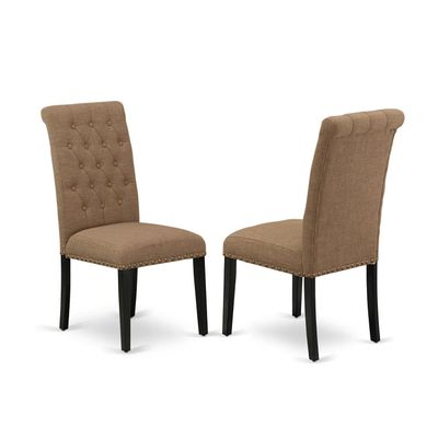 East West Furniture BRP1T17 Bremond Parson Dining Room Chairs - Button Tufted Nailhead Trim Light Sable Linen Fabric Padded Chairs, Set of 2, Black