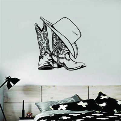 Cowboy Boots and Hat Art Wall Decal Sticker Vinyl Room Bedroom Decor Teen Rodeo Cowgirl Farm Country America Southern