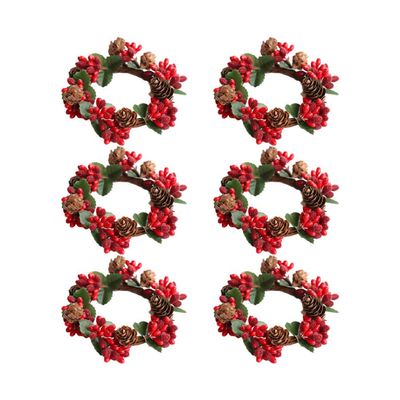 6Pcs Red Berry Candle Rings with Pine Cones Christmas Candle Wreaths for Holiday Table Centerpieces and Festive Home Decorations