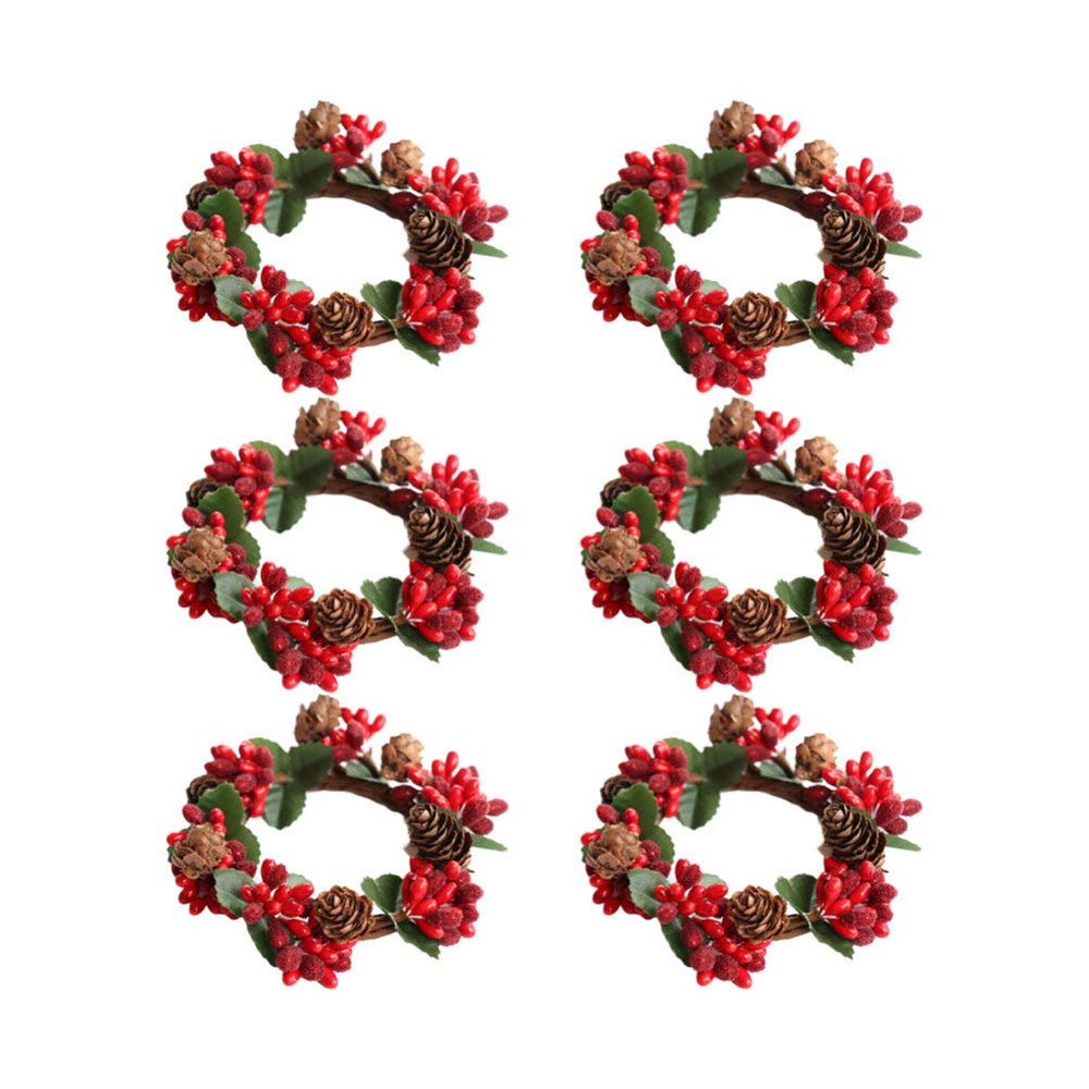 6Pcs Red Berry Candle Rings with Pine Cones Christmas Candle Wreaths for Holiday Table Centerpieces and Festive Home Decorations