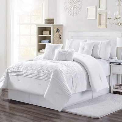 7 Piece Chenille Comforter Set Full, Pleated Embroidered Elegant Beautiful Decorative Textured Homey Feel Soft Cozy Comfy