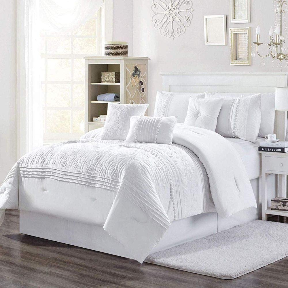7 Piece Chenille Comforter Set Full, Pleated Embroidered Elegant Beautiful Decorative Textured Homey Feel Soft Cozy Comfy