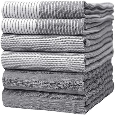 Premium Kitchen Towels (20x 28, 6 Pack) | Large Cotton Dish Towels | Flat & Terry Highly Absorbent Kitchen Linen Set with Hanging Loop | Gray