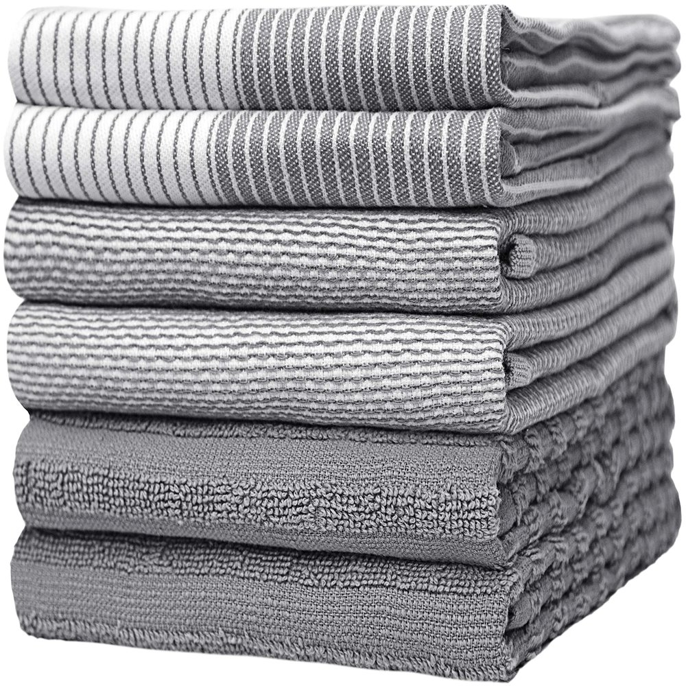 Premium Kitchen Towels (20x 28, 6 Pack) | Large Cotton Dish Towels | Flat & Terry Highly Absorbent Kitchen Linen Set with Hanging Loop | Gray