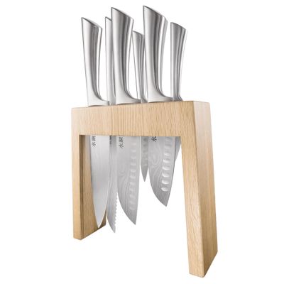Cuisine::pro Damashiro Knife Block (Mizu, 7 Piece Set) - Japanese Knife Set with Glass Holder, Razor Sharp Blades, Damascus Inspired Design