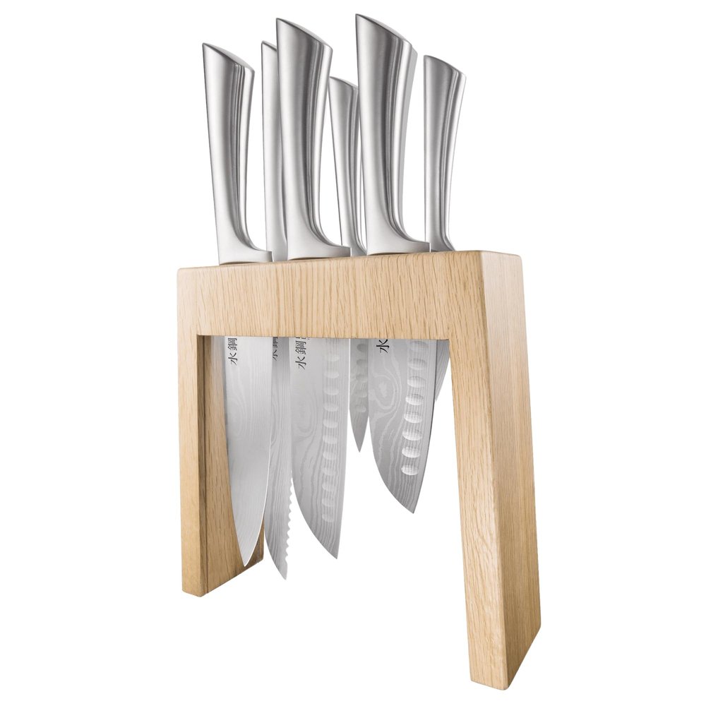 Cuisine::pro Damashiro Knife Block (Mizu, 7 Piece Set) - Japanese Knife Set with Glass Holder, Razor Sharp Blades, Damascus Inspired Design