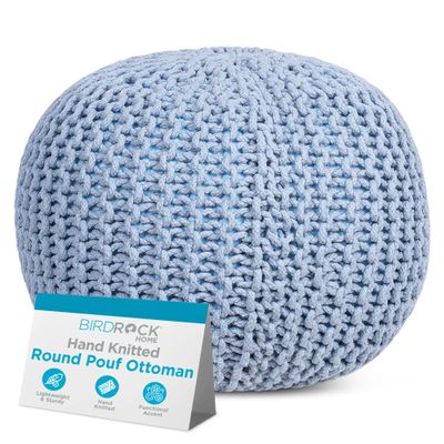 BIRDROCK HOME Round Pouf Ottoman | Cotton Braided Foot Stool with Bean Bag Filling | Boho Foot Rest for Living Room & Bedroom | Compact & Comfortable Seating, Lightweight & Soft | Soft Blue