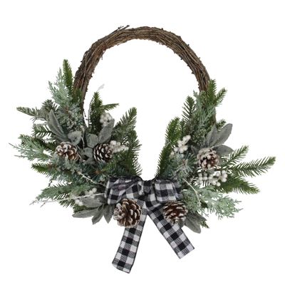 23" Iced Winter Foliage Artificial Christmas Twig Wreath with Black Bow - Unlit N/a