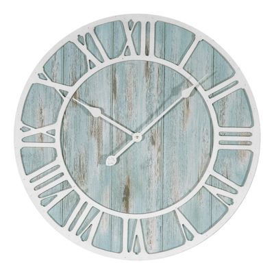 23.5-inch Round Blue Quartz Coastal Wall Clock Beach Nautical Metal Plastic Wood Antique Roman Numeral Display
