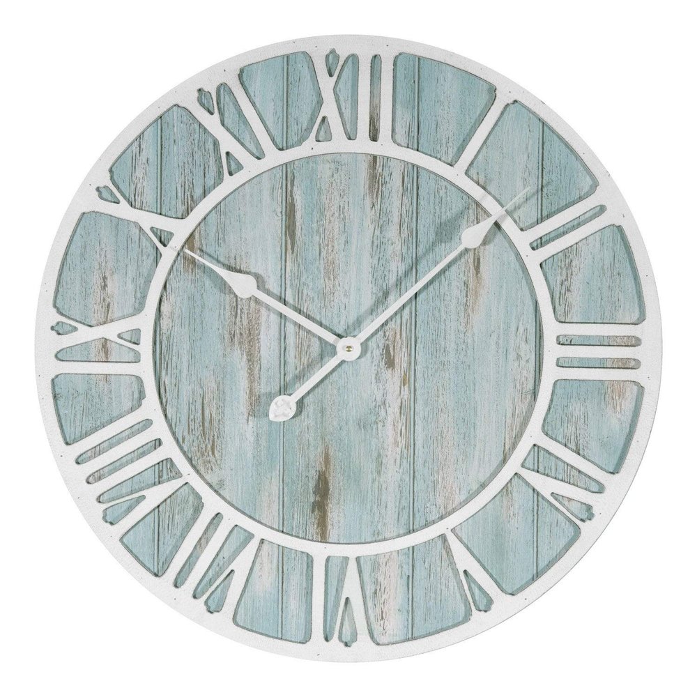 23.5-inch Round Blue Quartz Coastal Wall Clock Beach Nautical Metal Plastic Wood Antique Roman Numeral Display