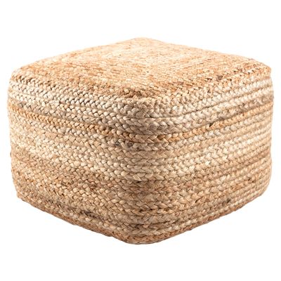 Modern Beige Cube Shape Jute Pouf Brown Solid Color Mid-Century Contemporary One Pillow
