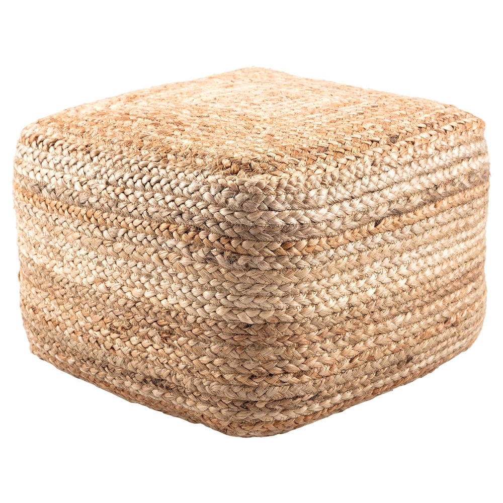 Modern Beige Cube Shape Jute Pouf Brown Solid Color Mid-Century Contemporary One Pillow
