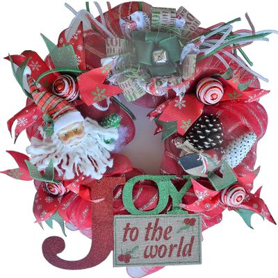 2019 ARTISAN'S LIMITED SERIES RED JOY TO THE WORLD Size-18" x 6" Round, Red, Green, Brown, White, Deco Mesh, Wired Ribbon, Mesh Tubing, Door Wreath, Mantel Wreath, Christmas Wreath