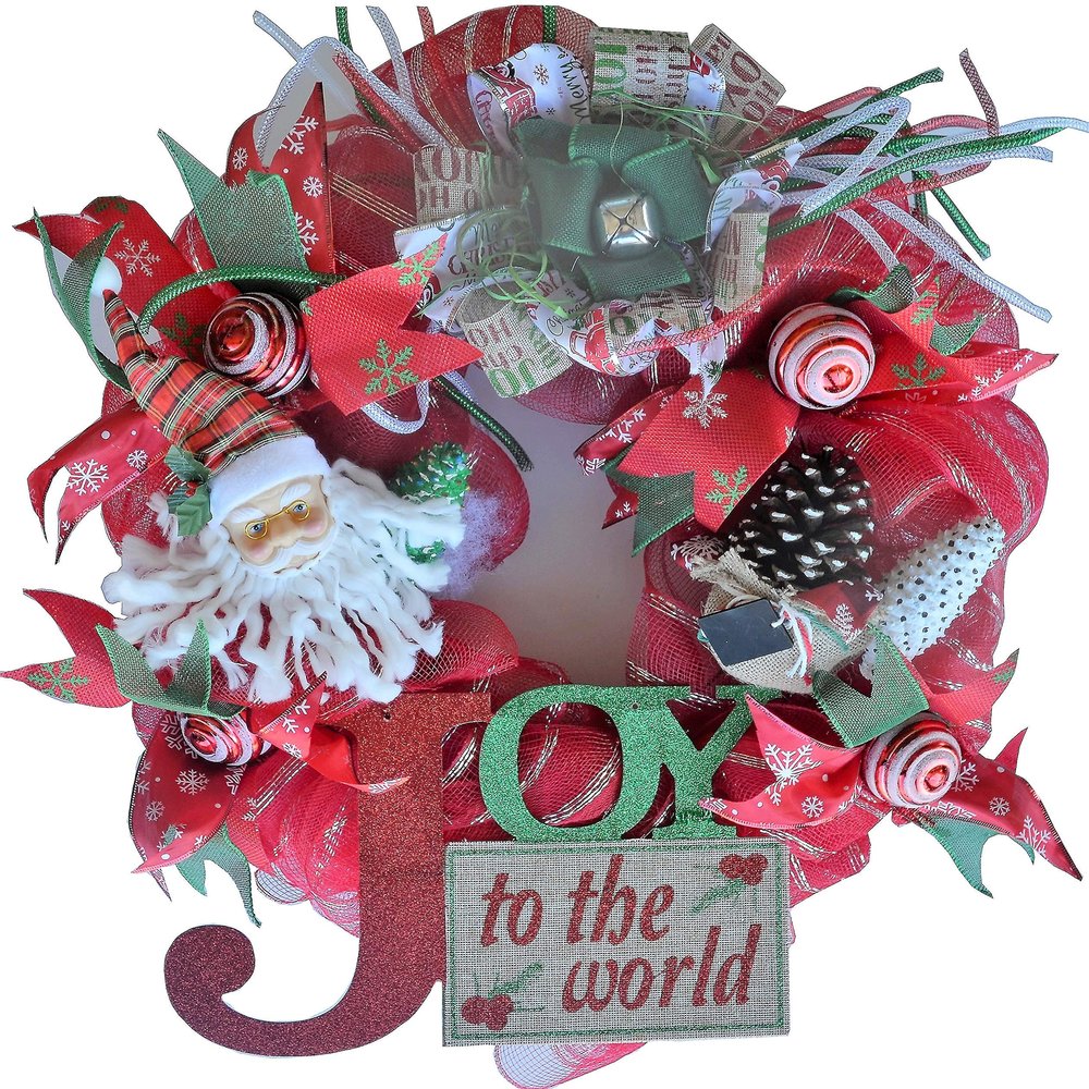 2019 ARTISAN'S LIMITED SERIES RED JOY TO THE WORLD Size-18" x 6" Round, Red, Green, Brown, White, Deco Mesh, Wired Ribbon, Mesh Tubing, Door Wreath, Mantel Wreath, Christmas Wreath