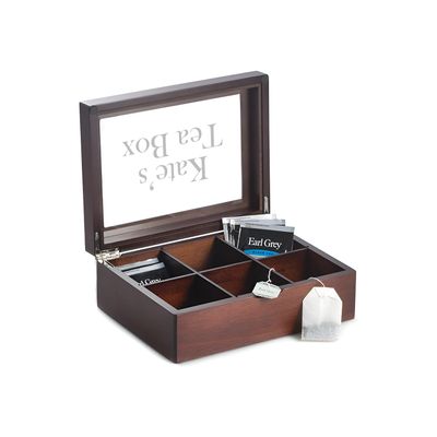 Bey-Berk Custom Engraved Mahogany Tea Storage Chest with Glass Lid  6-Compartment Box for Tea Bags & Accessories