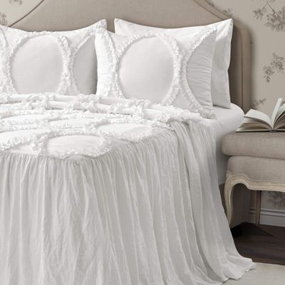 Lush Decor Riviera Bedspread Queen Size 3 Piece Set White - Ruffled Bedding Set Queen Bedspread - White Bedding - Vintage Coquette Room Decor