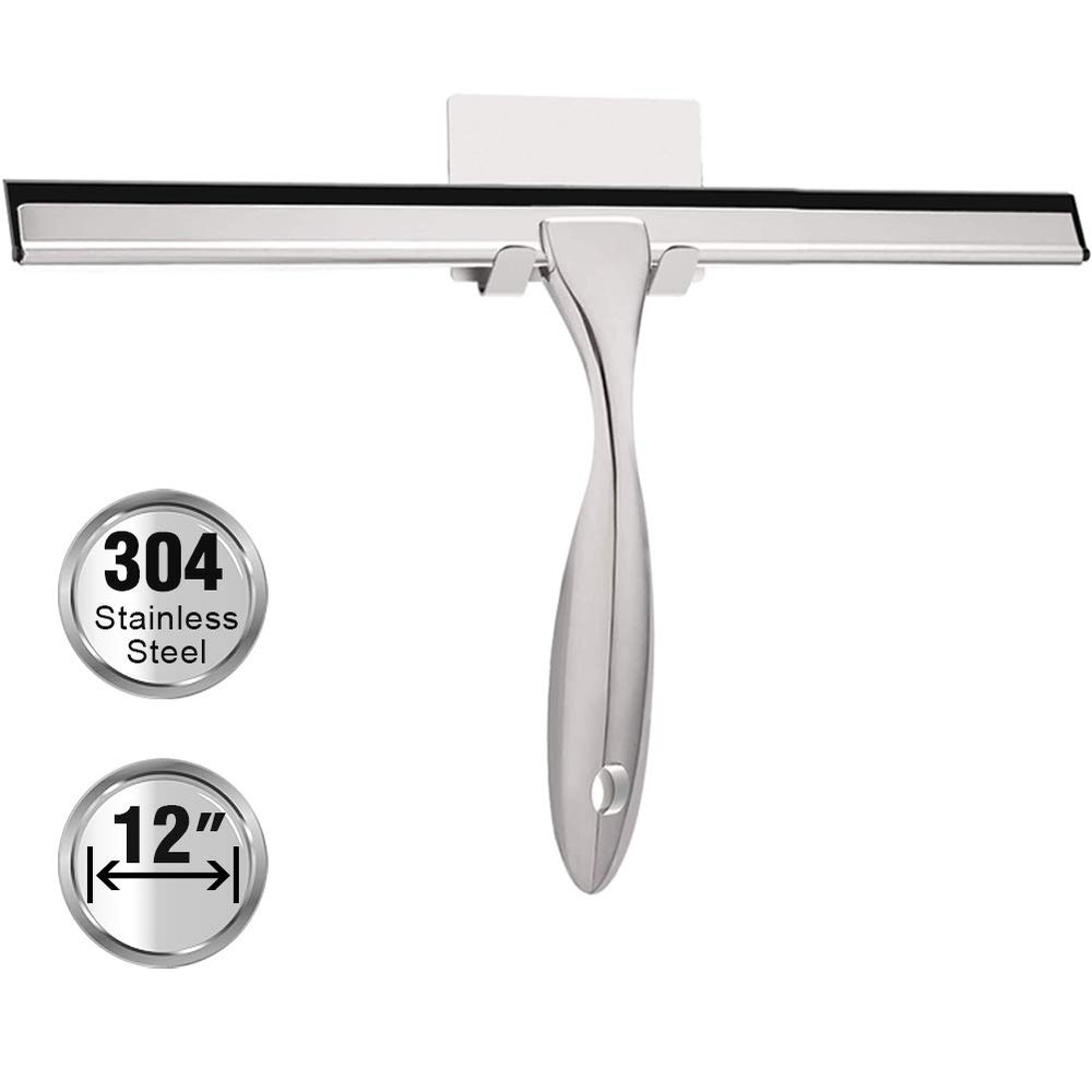 TopCharm Shower Squeegee for Shower Doors, All Purpose Shower Window Squeegee for Shower Glass Door, Mirror and Car, Bathroom Squeegee for Shower with Hook, Stainless Steel (Silver, 12 Inch)