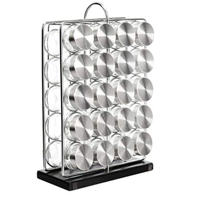 Amazon Basics 20 Jars Spice Rack Organizer, Space-Saving Kitchen Organizer with Glass Spice Jars, Sturdy, Silver