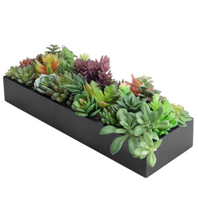 MyGift Artificial Succulent Centerpiece,15.75 Inch Faux Succulents Arrangement Plants in Sleek Black Wooden Rectangular Planter Box