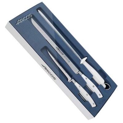 Arcos Forged 3 pieces - Nitrum Stainless Steel and mm blade.Professional Kitchen Knife for Cooking. 755 gr. Ergonomic Polyoxymethylene POM Handle. Series Riviera Blanc. Color White
