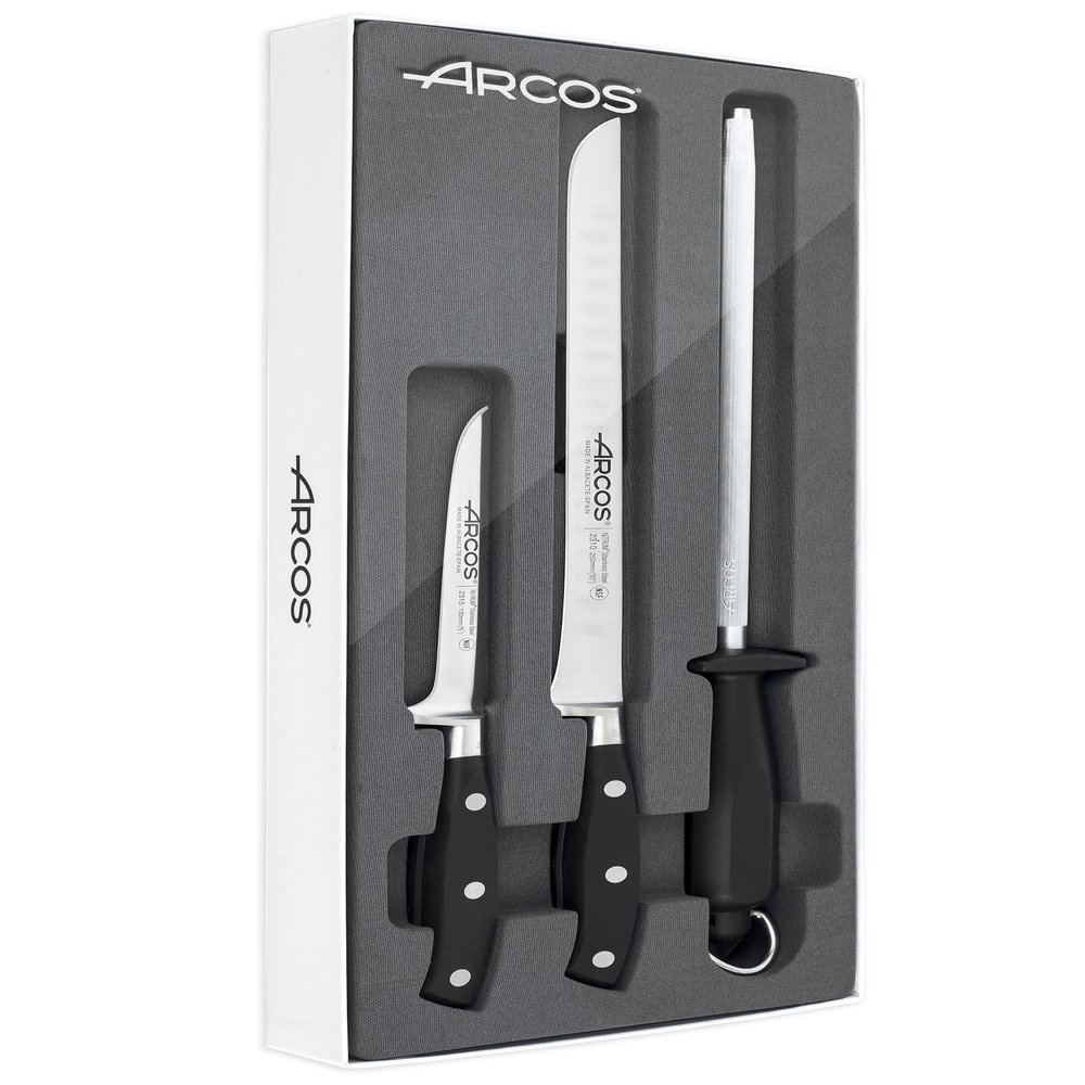 Arcos 3 pieces Nitrum Stainless Steel and mm blade. 753 gr Professional Cooking Knife For Cutting Variety of Foods Ergonomic Polyoxymethylene POM Handle. Series Riviera. Color Black.