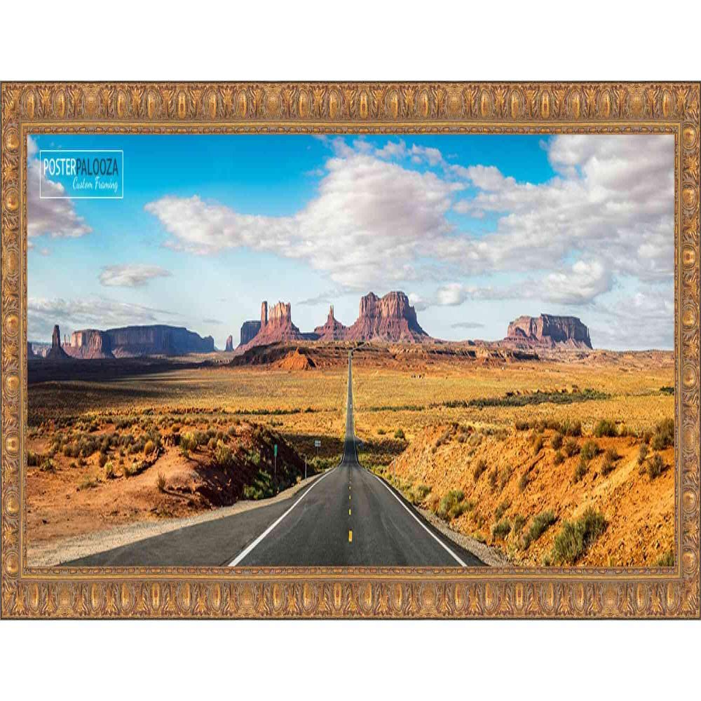 Poster Palooza 32x10 Ornate Antique Gold Complete Wood Panoramic Frame with UV Acrylic Plexiglass, Foam Board Backing & Hardware Included