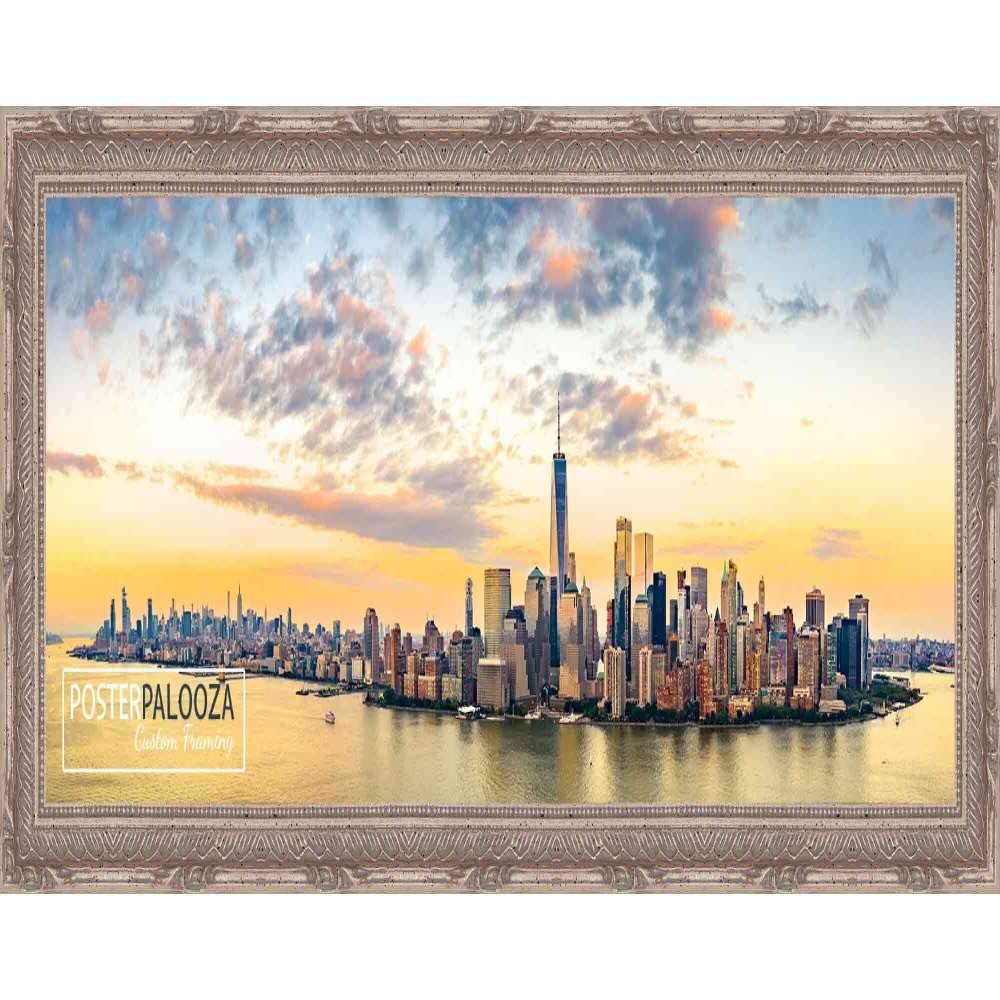 Poster Palooza 30x10 Ornate Silver Complete Wood Panoramic Frame with UV Acrylic Plexiglass, Foam Board Backing & Hardware Included