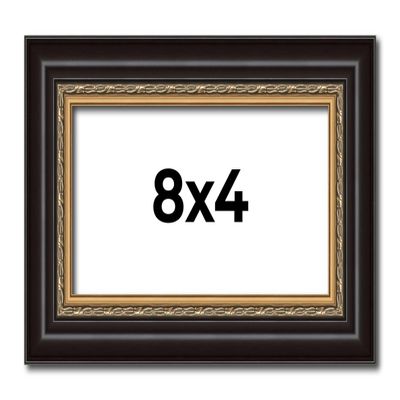 Poster Palooza 8x4 Inch Frame Black and Gold Ornate Solid Wood Picture Frame | 1.5 Inch Moulding Width | with UV Acrylic Plexiglass, Foam Board Backing & Hanging Hardware Included