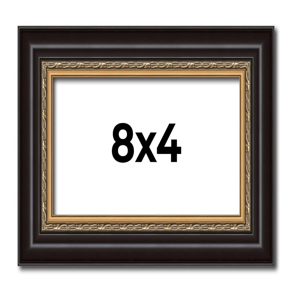 Poster Palooza 8x4 Inch Frame Black and Gold Ornate Solid Wood Picture Frame | 1.5 Inch Moulding Width | with UV Acrylic Plexiglass, Foam Board Backing & Hanging Hardware Included