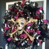 GLOWING EYES Deluxe Bling Pirate Skull and Crossbones Halloween Front Door Wreath, Jewels, Beads, Feathers, Luxury High End Fancy GASPARILLA view 1