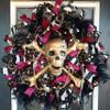 GLOWING EYES Deluxe Bling Pirate Skull and Crossbones Halloween Front Door Wreath, Jewels, Beads, Feathers, Luxury High End Fancy GASPARILLA view 2