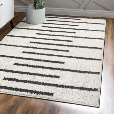 JONATHAN Y Alaro Berber Stripe Shag White/Gray Indoor Area Rug, 8x10, Bohemian, Contemporary, Easy-Cleaning for Living Room, Bedroom, Kitchen, Pet Friendly, Non-Shedding (MOH402A-8)
