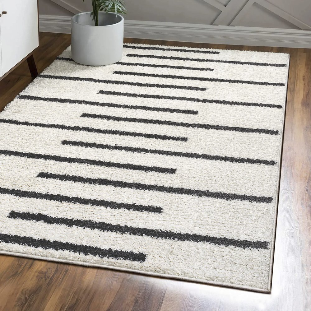 JONATHAN Y Alaro Berber Stripe Shag White/Gray Indoor Area Rug, 8x10, Bohemian, Contemporary, Easy-Cleaning for Living Room, Bedroom, Kitchen, Pet Friendly, Non-Shedding (MOH402A-8)
