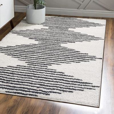 JONATHAN Y Elm Diamond Stripe Shag White/Gray Indoor Area Rug, 8x10, Geometric, Bohemian, Contemporary, Easy-Cleaning for Living Room, Bedroom, Kitchen, Pet Friendly, Non-Shedding (MOH408A-8)